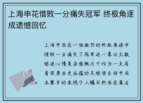 上海申花惜败一分痛失冠军 终极角逐成遗憾回忆 上海申花惜败一分痛失冠军 终极角逐成遗憾回忆