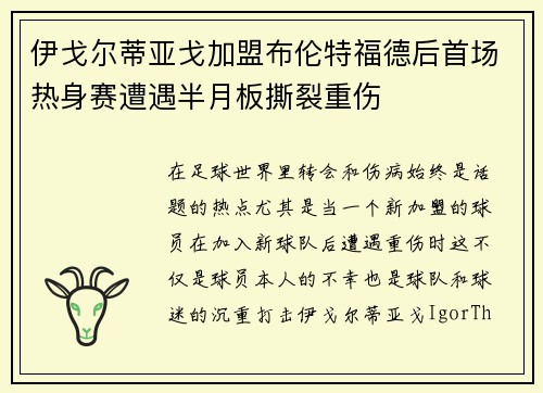 伊戈尔蒂亚戈加盟布伦特福德后首场热身赛遭遇半月板撕裂重伤 伊戈尔蒂亚戈加盟布伦特福德后首场热身赛遭遇半月板撕裂重伤